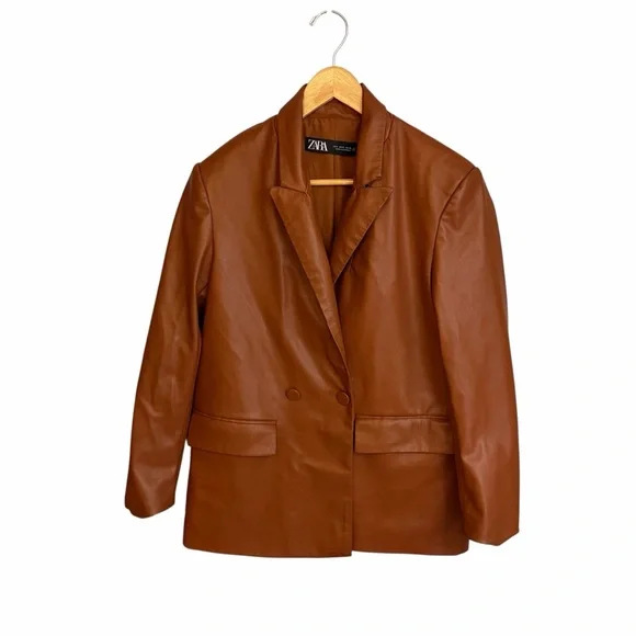 Zara Double Breasted Faux Leather Cognac Blazer - Picture 1 of 4